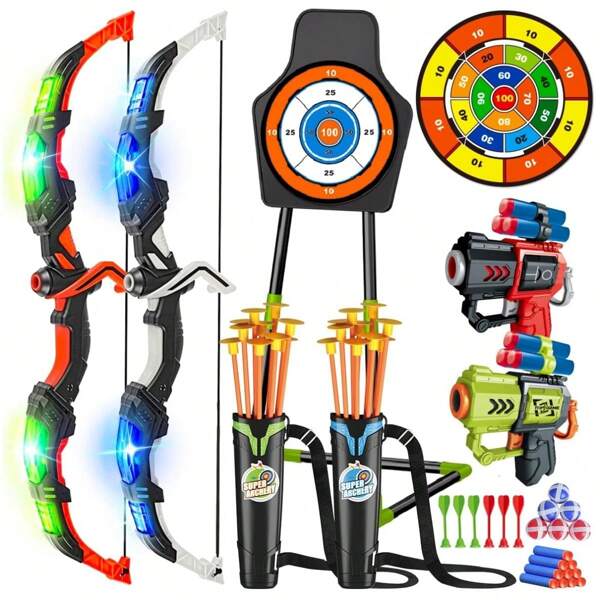 VATOS 2 Pack Bow And Arrow Toys For Kids 3-12 Years Boys Girls, Light Up Archery Toy With Cup Suction Standing Target & 29 In Dart Board, Indoor Outdoor Activity Gift