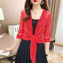 1Pc Glitter Tie Up Open Front Shrug Ladies Shawl Cropped Beach Summer Sun Protection Clothing Air-Conditioning Shirt