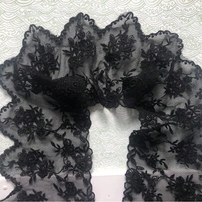 1 Yard White/Black Flower Embroidered Water Soluble Lace Trim For Lolita Dressmaking, 10cm Wide