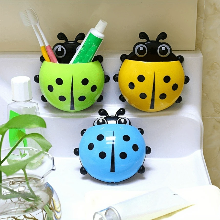 Fun & Durable Ladybug Toothbrush Holder: Kids' Delight, Non-Electric, Wall-Mountable, Clutter-Free & Easy-Clean Plastic Organizer For Bathroom Decor - Red - View 1