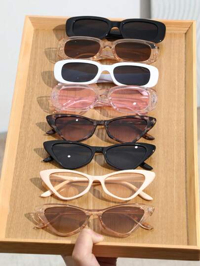 6-8 件女式猫眼方形框架街头风格时尚眼镜，适合户外日常度假配饰，适合夏季海滩度假、户外、旅行