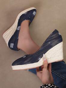 女士简约踝带编织坡跟舒适凉鞋，帆布坡跟粗跟高跟鞋，夏季度假风 - 藏蓝色 - 查看 2