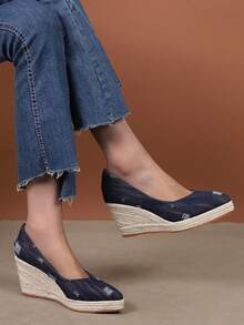 女士简约踝带编织坡跟舒适凉鞋，帆布坡跟粗跟高跟鞋，夏季度假风 - 藏蓝色 - 查看 4