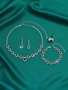 Conjunto De Joyas De Moda Con Diamantes De Imitación De Flor Negra Completa, Que Incluye Collar, Pendientes, Pulsera Y Anillo (sin Caja) - negro plata - Ver 4