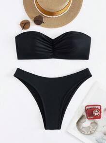 2 件套女士纯色吊带腰泳衣，适合夏季海滩度假 - 黑色 - 查看 2