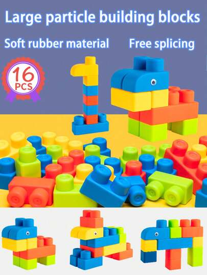 16pcs Soft Rubber Building Blocks Set For Children , Baby Brain Teaser Toys With Large Particles For Diy , Boys & Girls Room Decoration ,Baby Boy Things ,Building Blocks Large ,Balancing Blocksbuilding Blocks,Building Block Sets,Blocks