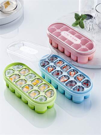 1pc Large Capacity Ice Cube Tray With Lid, Easy Release, For Home Kitchen Freezer, Green