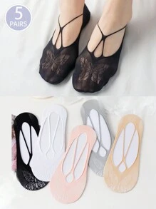 5pairs/Set Women's Hollow Out Butterfly Design Anti-Slip Low Cut Socks, No Show Socks With Elasticity, Summer