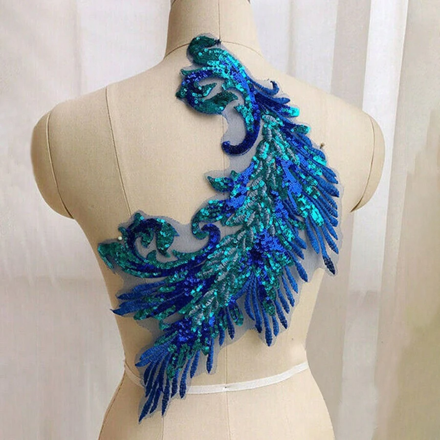 1pc Blue Feather & Sequin Embroidered Patch, Sheer Mesh Applique, Chinese Cheongsam Dress/Evening Gown/Stage Costumes Accessory, Without Adhesive - Blue - View 1