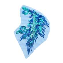 1pc Blue Feather & Sequin Embroidered Patch, Sheer Mesh Applique, Chinese Cheongsam Dress/Evening Gown/Stage Costumes Accessory, Without Adhesive - Blue - View 4