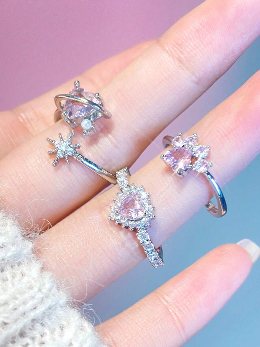 3pcs/Set Lovely & Sophisticated Pink Diamond Heart Shaped Rings For ...