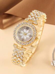 送給朋友的禮物,2 件時尚可愛青少年個人化金水鑽手錶和新穎時尚的金水鑽手鍊套裝 - 金色 - 查看 2