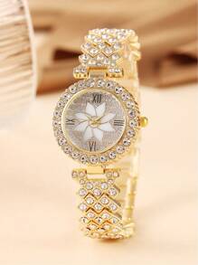 送給朋友的禮物,2 件時尚可愛青少年個人化金水鑽手錶和新穎時尚的金水鑽手鍊套裝 - 金色 - 查看 5