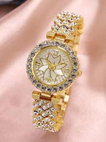 送給朋友的禮物,2 件時尚可愛青少年個人化金水鑽手錶和新穎時尚的金水鑽手鍊套裝 - 金色 - 查看 3