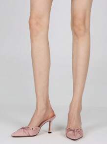 Pointed Toe Women Stiletto High Heels Bow Mules Sexy Party Elegant Spring Summer Kitten Dress Pump Shoes Valentines - Hồng - Xem 3