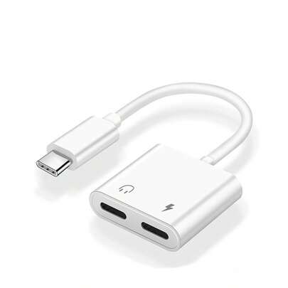 1入組白色2合1 雙Type-C 耳機轉換器和Usb-C分輸器，結合Aux Jack充電轉換器，適用於華為、三星、小米等