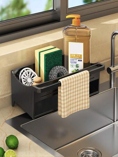 1pc Black Sink Drain Rack, With Hanging Cloth Function, Plastic Materials, Can Store Cleaning Tools And Tidy Up The Kitchen/ Laundry Sink/ Bathroom Countertop, Waterproof, Automatic Water Filtering, No-Installation Need.