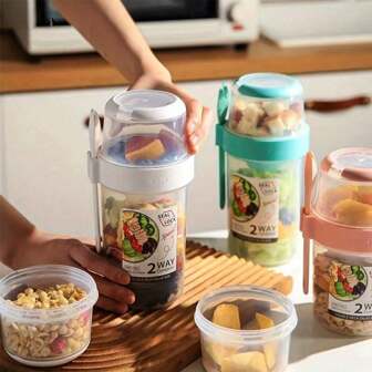 1pc Breakfast Salad Cup Breakfast Food Container Jar, Portable Fruit And Vegetable Light Food With Fork Cover Yogurt Cup Slimming Cup Portable Water Cup For School Office ,Kitchen,Christmas Gift,School Supplies
