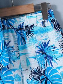 2pcs Set Tween Boy Casual Leaf Ditsy Floral Short Sleeve Polo Collar Shacket And Matching Shorts, Spring/Summer