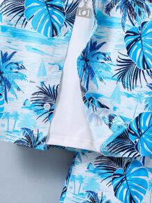 2pcs Set Tween Boy Casual Leaf Ditsy Floral Short Sleeve Polo Collar Shacket And Matching Shorts, Spring/Summer