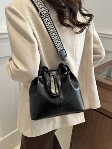 2025新款欧美复古纹理托特包容量大肩带宽，可用作手提包、单肩包或斜挎包 - 黑色 - 查看 4