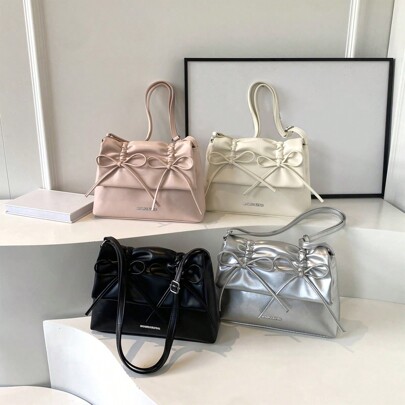 1pc Solid Color Scrunchy Bow Knot Decor Pu Material Flap Cover Zipper Closure Crossbody Bag With Adjustable Strap Suitable For Daily Commute And Outfits