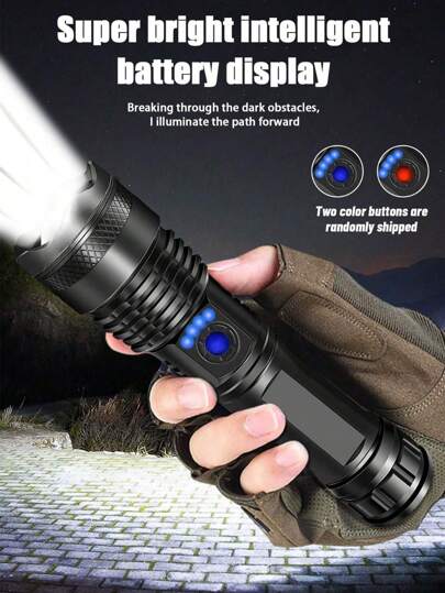 1 pieza Linterna fuerte de ABS, linterna recargable portátil con carga USB y pantalla de estado, impermeable, de larga distancia, para acampar, correr, pescar, senderismo, lectura, deportes al aire libre, accesorios de camping