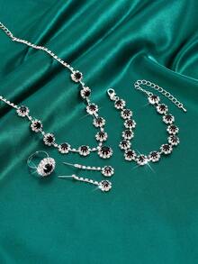 Conjunto De Joyas De Moda Con Diamantes De Imitación De Flor Negra Completa, Que Incluye Collar, Pendientes, Pulsera Y Anillo (sin Caja) - negro plata - Ver 5