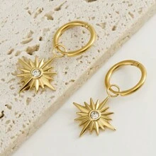 不銹鋼歐美時尚八角星耳環項鍊套裝，鑲嵌鑽石，鈦鋼和18K金耳環，女性珠寶