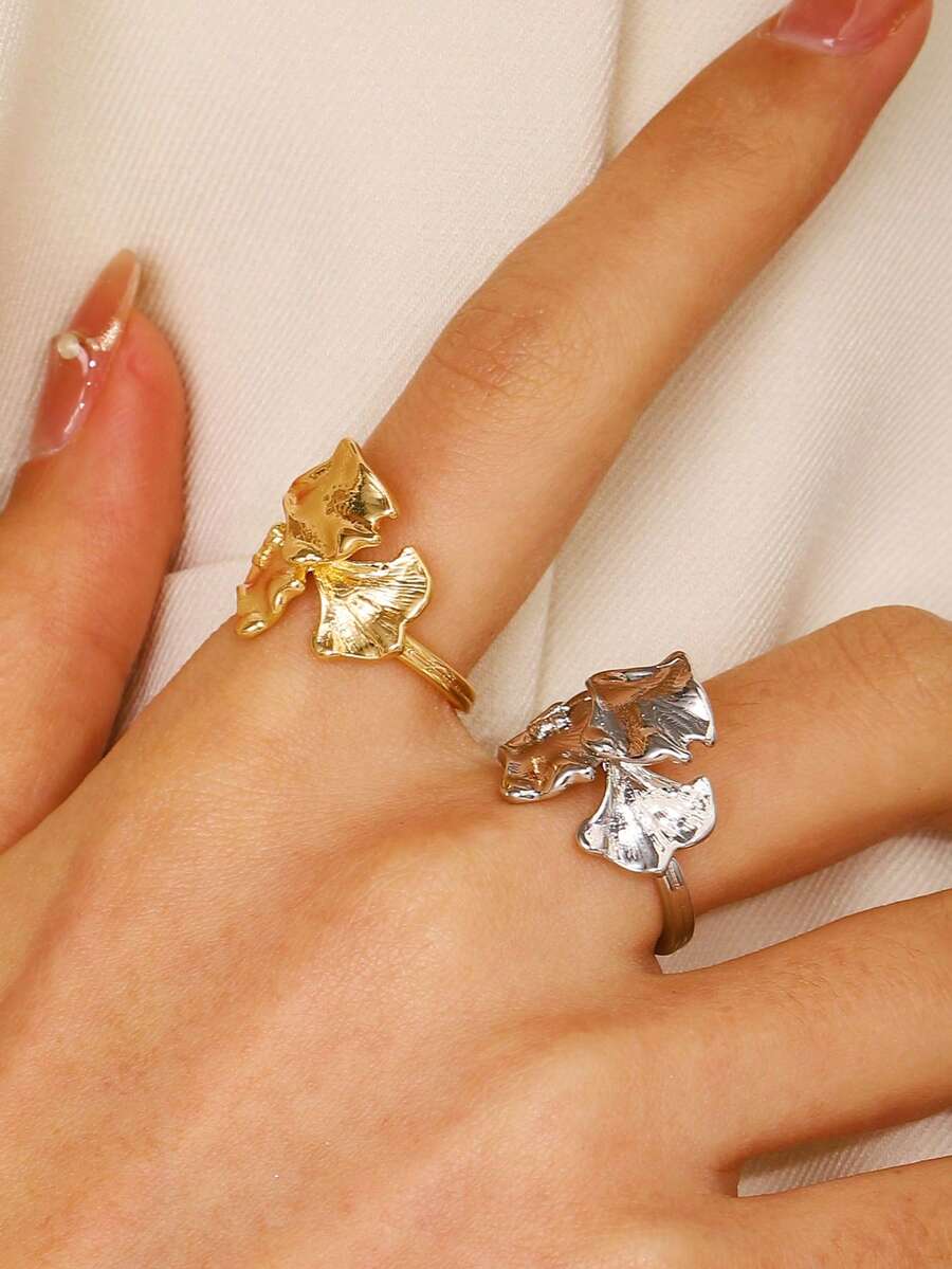 1 pieza Anillo de diseño asimétrico con textura con forma de rama y hoja de Ginkgo, adecuado para mujeres - Ginkgo biloba - Ver 1