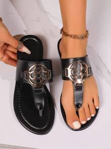 Women's Fashion Casual Open Toe Beach Sandals, Round Toe Flip Flops, Travel Holiday Flat Sandals, Rhinestone Beach Slippers