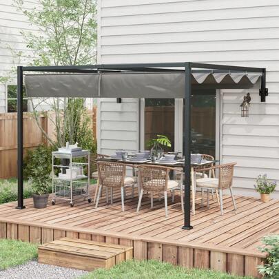 Outsunny 3 X 4m Lean To Pergola With Retractable Roof, Wall Mounted Garden Gazebo Outdoor Sun Shade Shelter For Patio, Deck