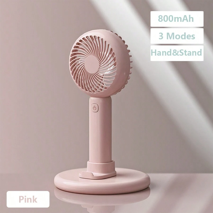 Portable Mini Fans USB Rechargeable Fans 3 Modes With Phone Stand, Hand Fan Desktop Fan 2 In 1 - Pink - View 1