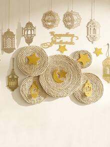 Coș de perete țesut de 5 buc, decorațiuni pentru agățat ornament, decor pentru coș de perete agățat din ratan, coșuri decorative în stil boho, decor acasă, lucrat manual, rotund, țesut, decor pentru coș de perete suspendat - Aur - Vizualizare 2