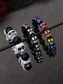 3pcs/Set Horror Cool Colorful Skull Head Elastic Beaded Bracelets For Women, Men, Party