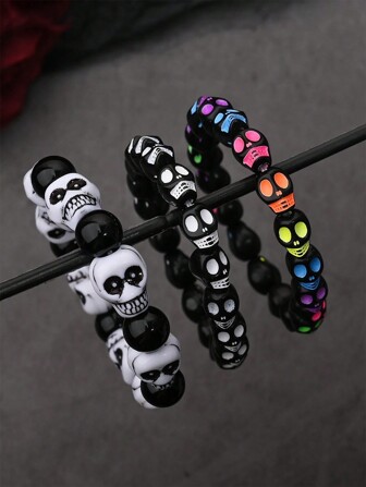  3pcs/Set Horror Cool Colorful Skull Head Elastic Beaded Bracelets For Women, Men, Party
