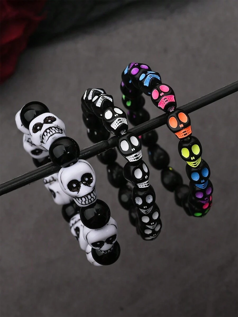 3pcs/Set Horror Cool Colorful Skull Head Elastic Beaded Bracelets For Women, Men, Party