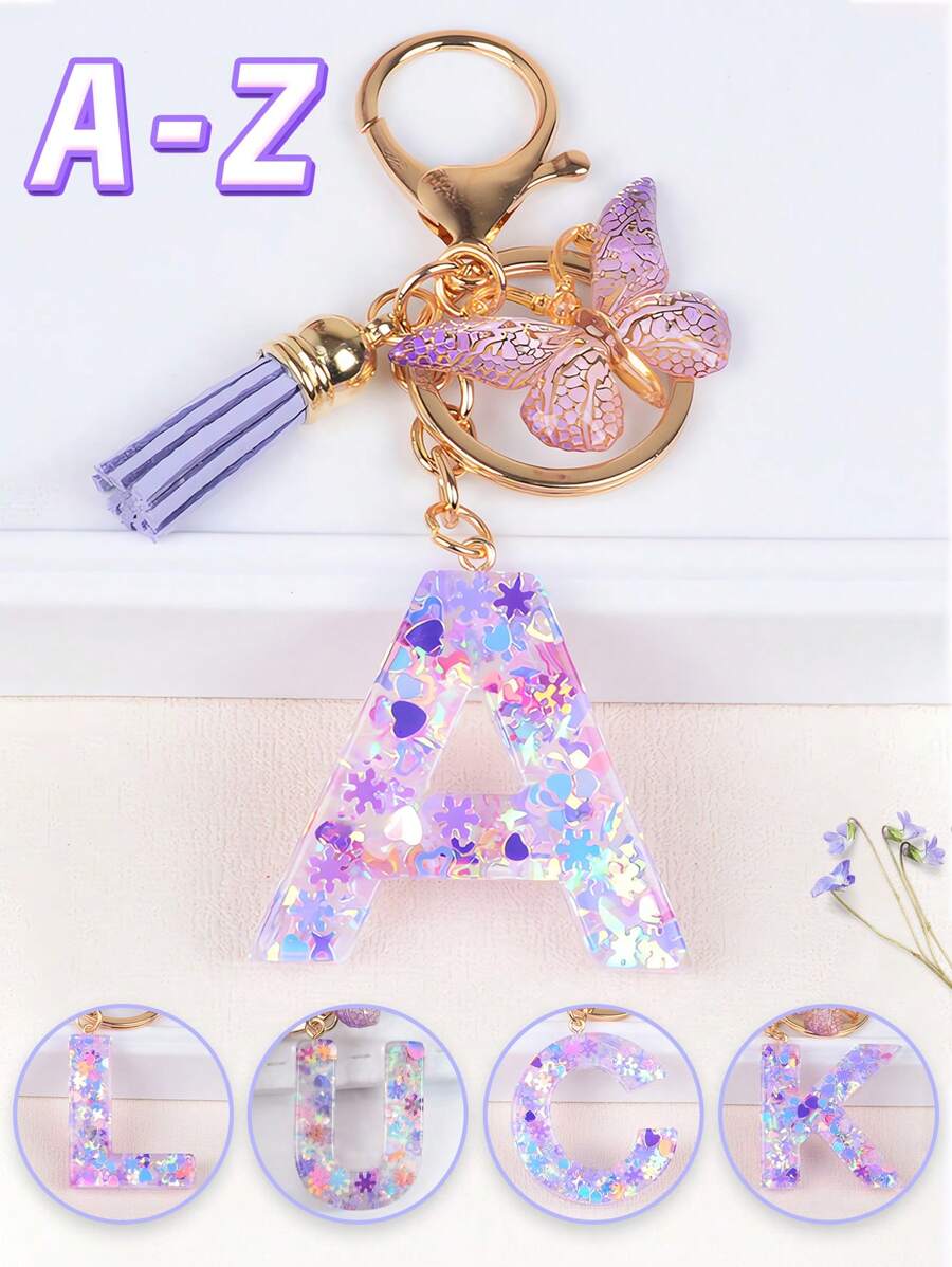 1入組亮片字母鑰匙扣,配流蘇和蝴蝶墜飾,樹脂字母汽車鑰匙鏈,可愛的袋子吊飾,背包配件,耳塞盒,保護套配件,適合女性和女孩的禮物 - 彩色 - 查看 1