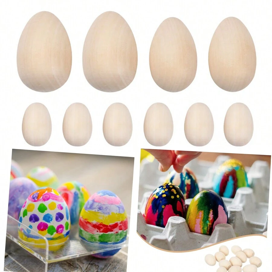 10入組復活節木質彩蛋設計,diy蛋裝飾手工藝品,派對裝飾仿真蛋,兒童木製玩具 - 卡其色 - 查看 1