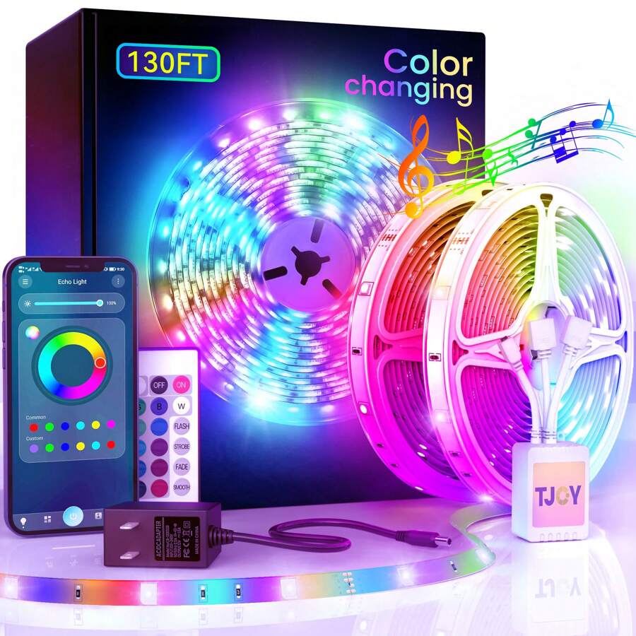 130 Ft Long Light Strip,Bluetooth Led Lights For Bedroom,Strip Lights That Sync To Music,Phone APP Controlled, Color Changing Lights For Bedroom(Bluetooth/APP+Remote+Mic) - 彩色 - 查看 1