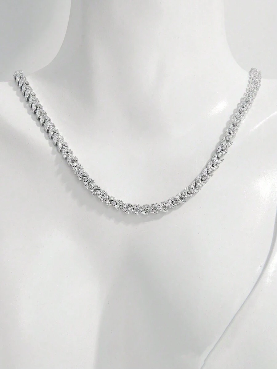 925純銀鋯石鑲嵌1入經典、奢華、華麗且時尚的小麥設計可調節鍊子項鍊,是日常生活、派對、生日、旅行、情人節和約會的完美裝飾品,適合女性佩戴 - 銀色 - 查看 1