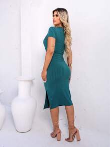 Vestido Midi Festa Canelado Premium Casual Fenda Decote V - Verde - Visão 2