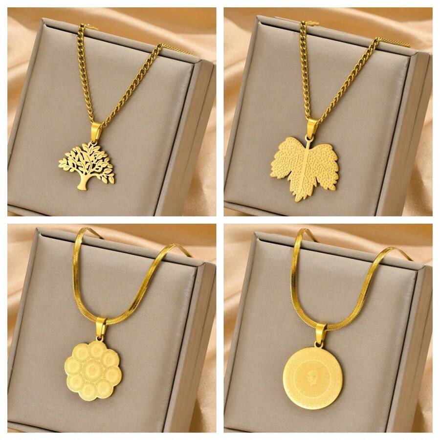 1pc Gold Plated Stainless Steel Thick Chain Maple Leaf, Geometric Design, Punk Style, Streetwear, Daily Wear, Festival Accessory For Men - Yellow Gold - View 1