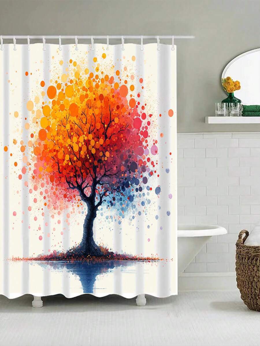 1pc Cartoon Tree Pattern Bathroom Shower Curtain With Mildew Resistant And Waterproof Function, Thickened, No-Drill, Separate Wet And Dry