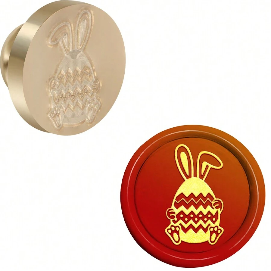 CYFUN DESIGN 1入組復活節兔子拿蛋蠟封印章,可拆卸圓形黃銅頭,無手把,適用於收藏,邀請卡,信封,卡片禮品包裝 - 金色 - 查看 1