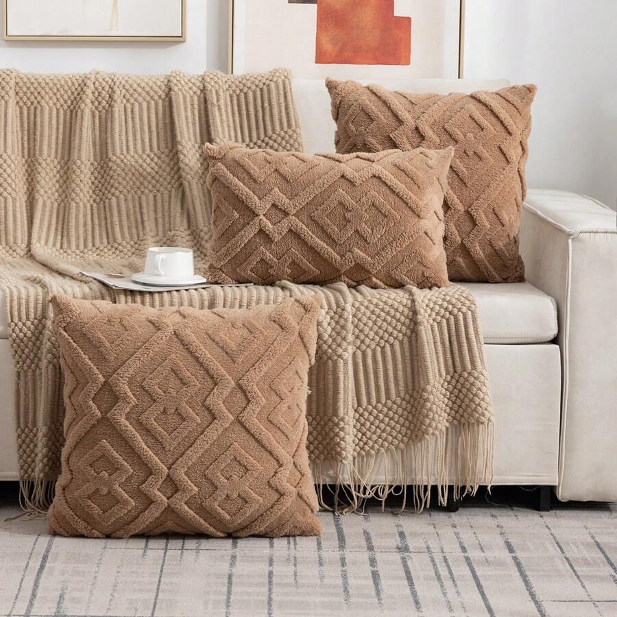 1pc Plush Geometric Pattern Pillow Case, Bohemian Style, Suitable For Living Room, Bedroom, Family Decor, Pillow Core Not Included, Four Season Use - Coffee Brown - View 1