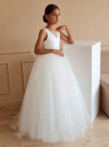 Vestido de fiesta de princesa con cuello en V y moño para niña preadolescente, adecuado para fiesta de cumpleaños, regalo del Día de San Valentín, vestido de dama de flores para bodas, disfraz para cosplay, baile de disfraces y celebración de festivales