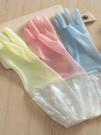 1 par de guantes reutilizables impermeables y antideslizantes para lavar los platos, guantes de limpieza del hogar de colores con mangas largas