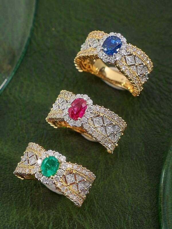 1 pieza Anillo de cóctel de lujo con encaje y gemas, elegante anillo de flores texturado en dos tonos de oro con rhinestones, regalo de moda para la novia, adecuado para uso diario, múltiples colores disponibles para el Día de San Valentín