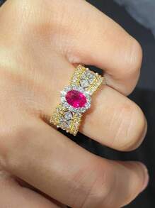 1 chiếc nhẫn đá quý ren sang trọng, nhẫn cocktail đính đá pha lê vàng hai tông màu họa tiết hoa thanh lịch, quà tặng thời trang cho bạn gái, thích hợp để đeo hàng ngày, nhiều màu sắc cho ngày lễ tình nhân - Nhẫn kim cương hai tông màu ren sang trọng - Xem 4